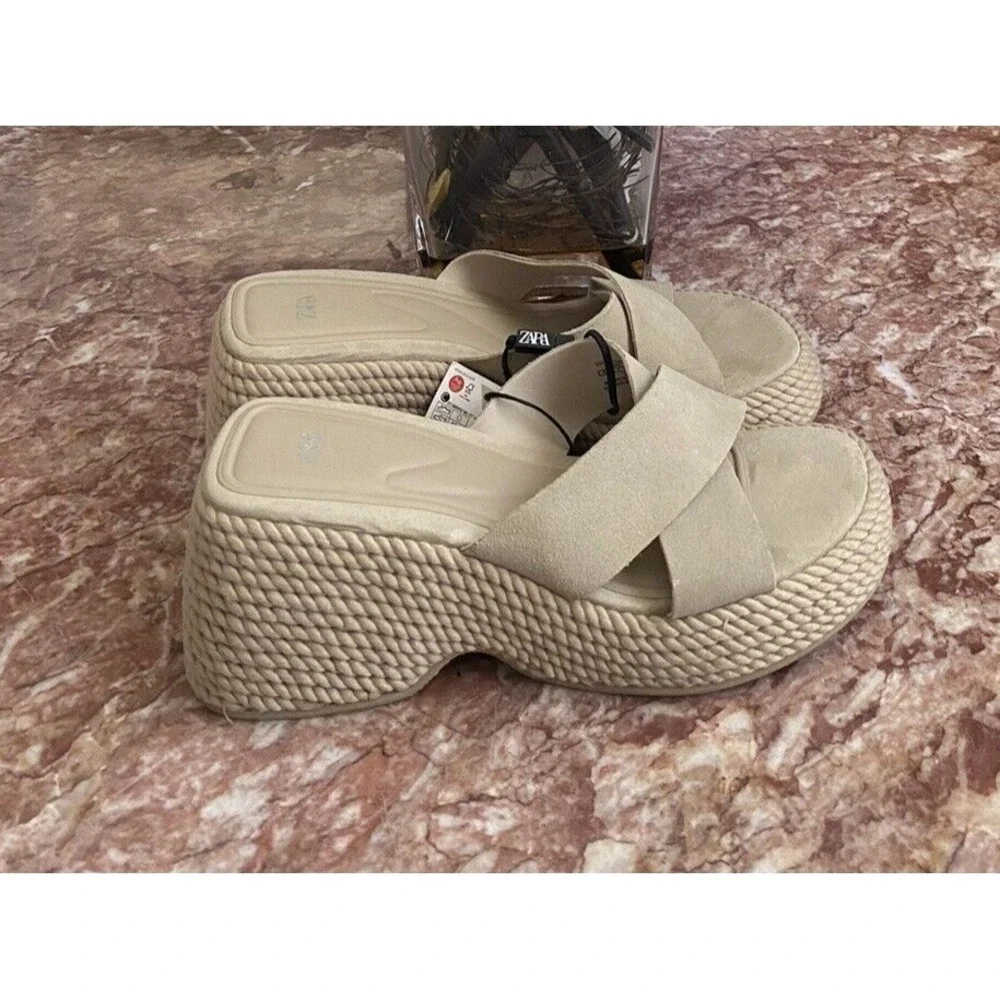 NWT Zara Jute Platform Y2K Wedge Heels Leather Upper Criss-Cross Sandals US 9/40 - Picture 5 of 10